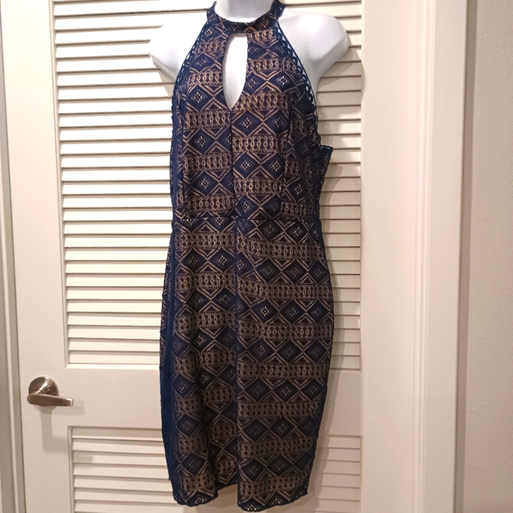 Adriana Blue and Nude Halter Mini Dress Size XL